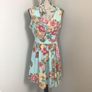 Tiana B. Women‘s Teal Pink Floral Sleeveless Dress Pleated Skirt Mini Dress